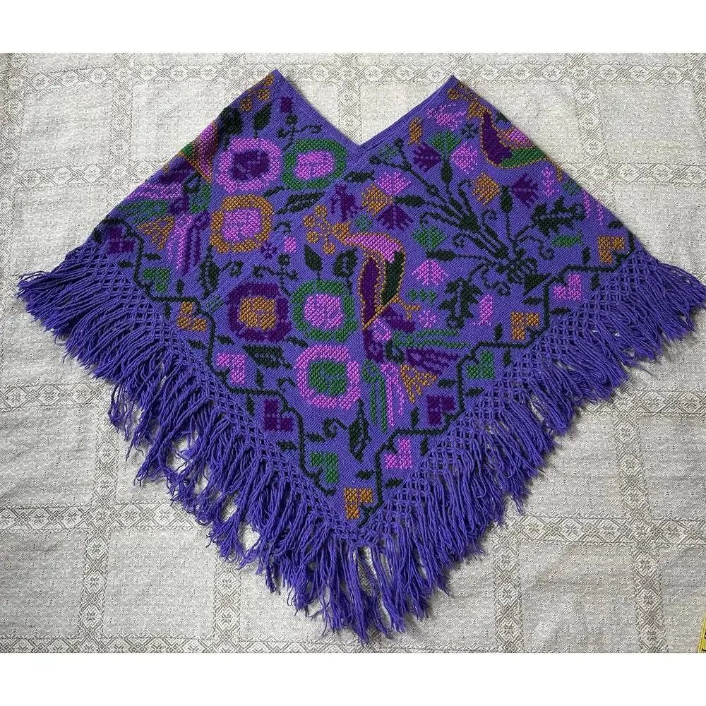 Mexican Mañanita embroidered poncho purple bird floral primitive folk fringed